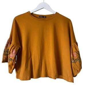 BERSHKA ASOS Floral Print Top With Flare Bell Sleeves Mustard Yellow Size Medium